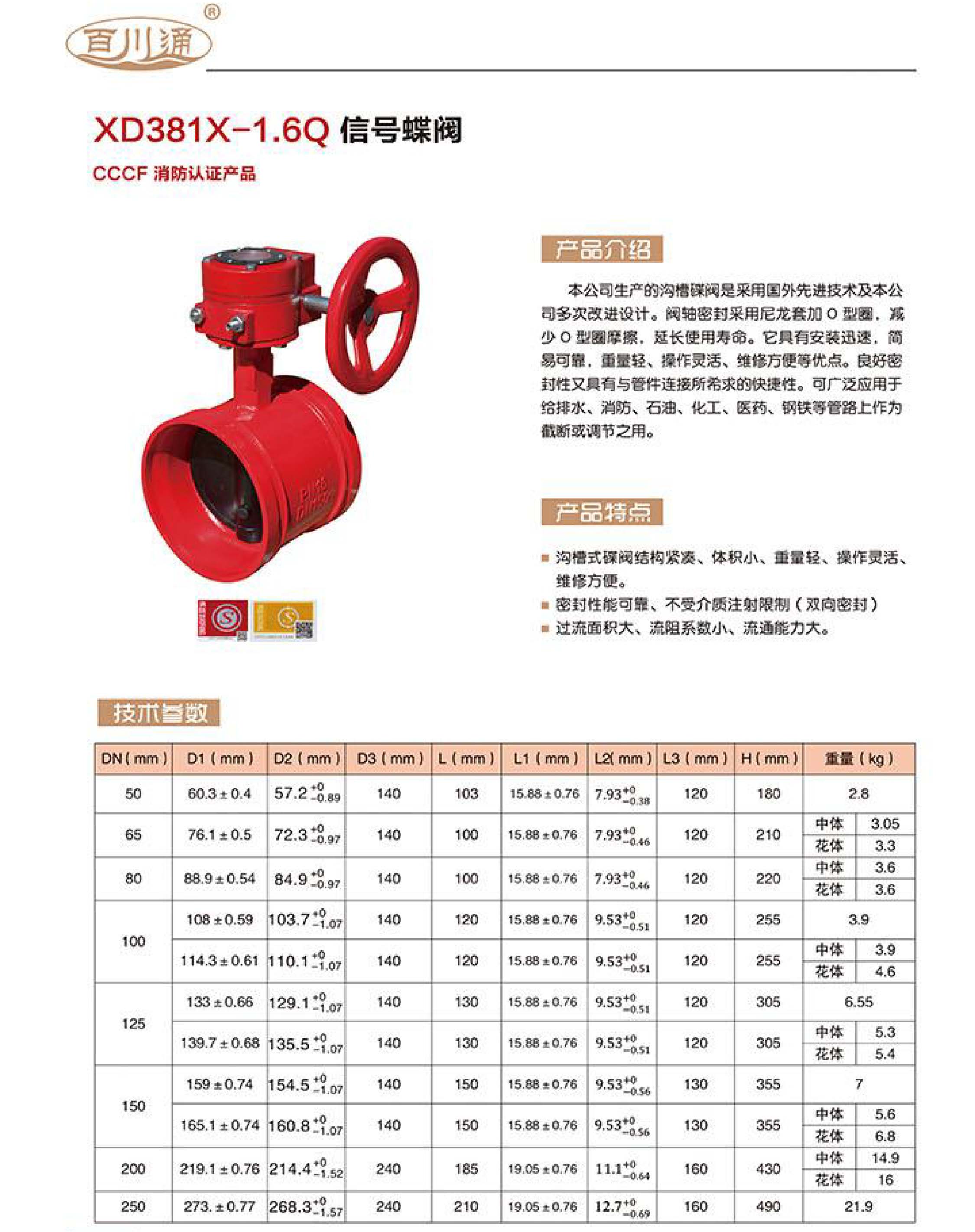 百川通 XD381x-1.6Q 信號(hào)蝶閥